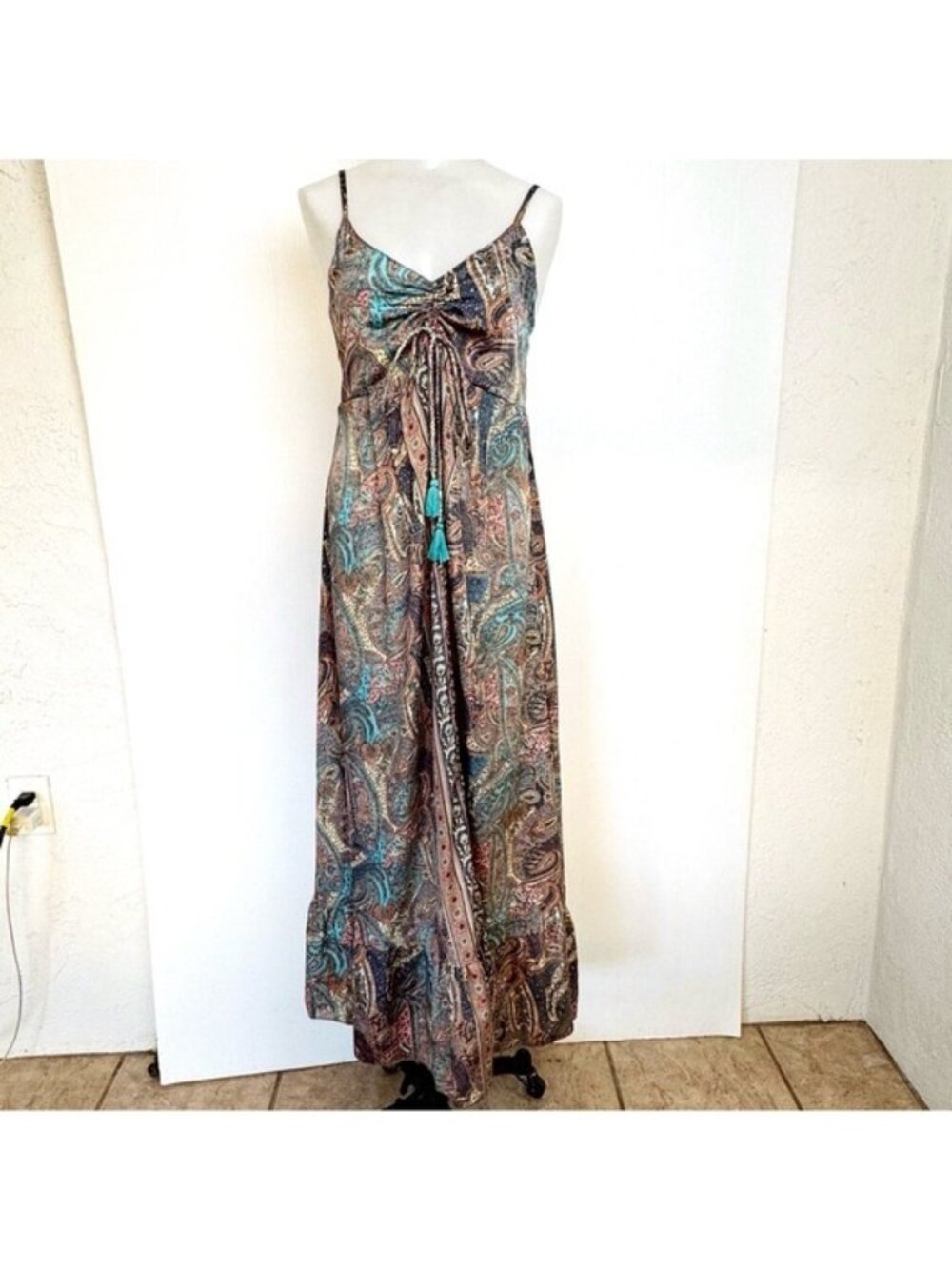Karma Highway Fit Flare paisley tassels Hippie Boho Maxi Dress One Size